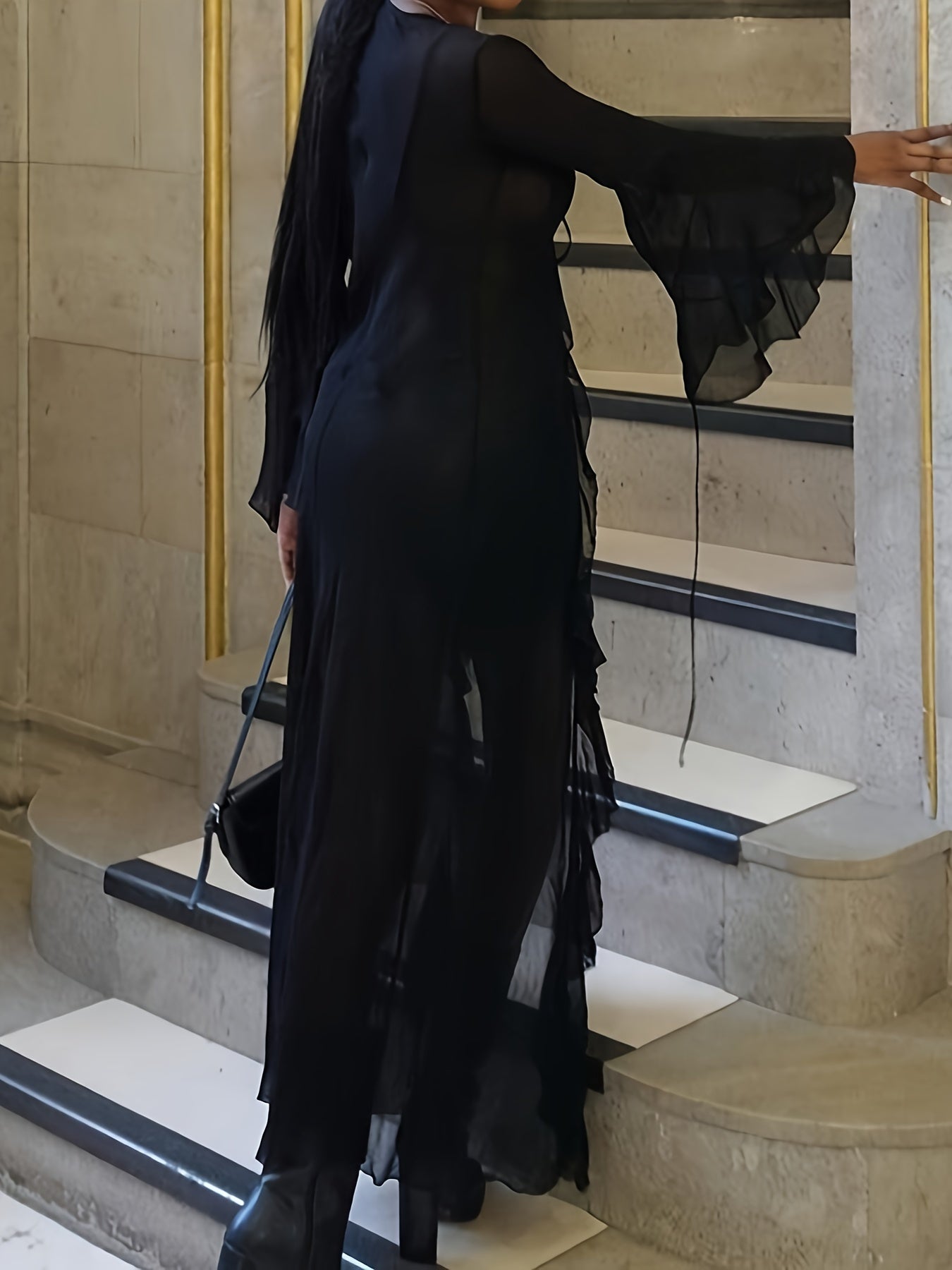 Ruffled Tulle Dress with Flared Sleeves - Elegant Open Front, Tie Waist, Flowy Long Design for Spring and Summer - Women's Sexy Clothing for Party, Date, or Casual Occasions
